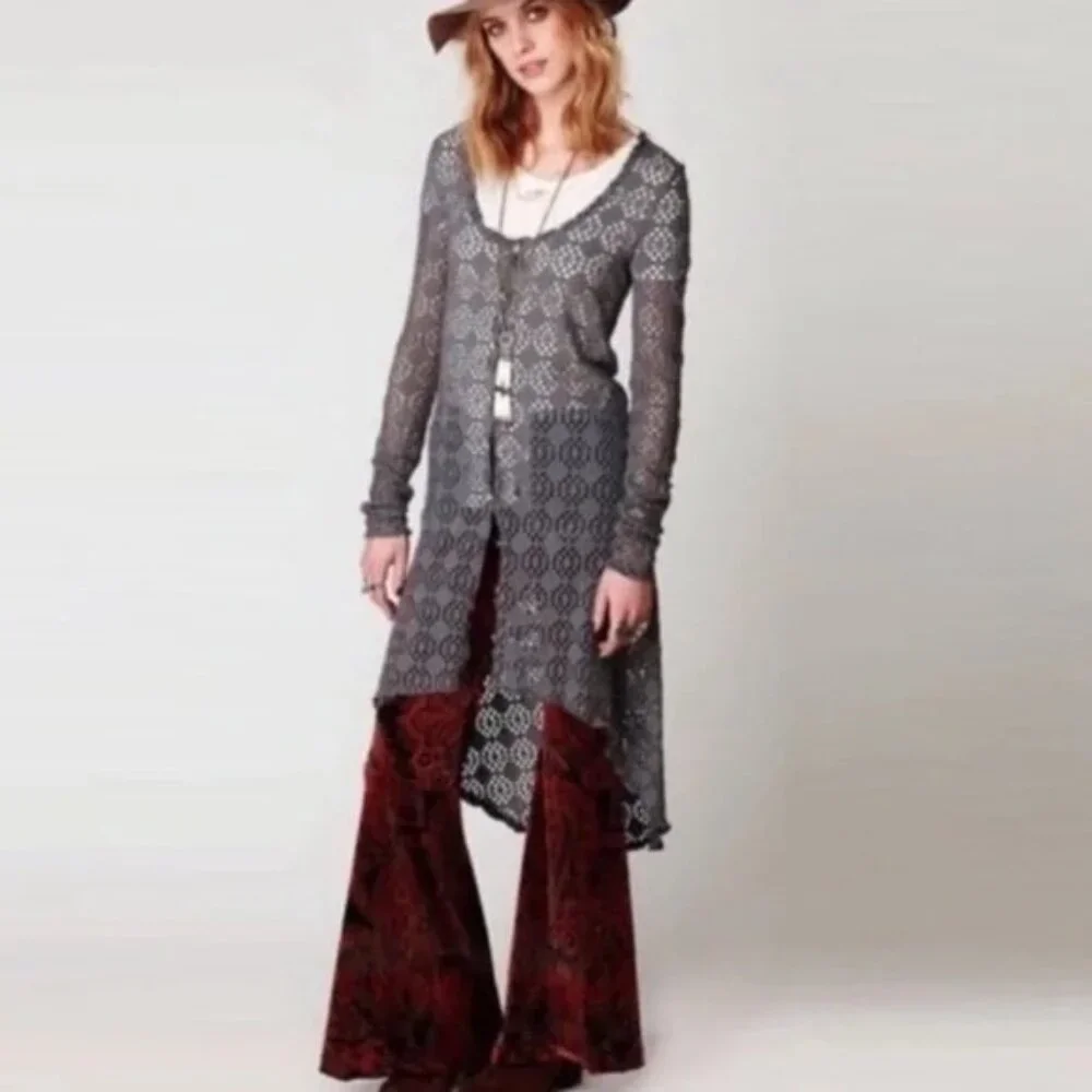 Vintage Free People Beach Gray Crochet Button Front Maxi Cardigan - Picture 12 of 16